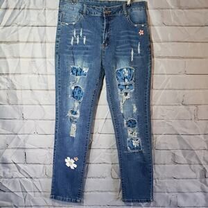 Women's Distressed Peek-A-Boo Leopard Print Flower Denim Size XL